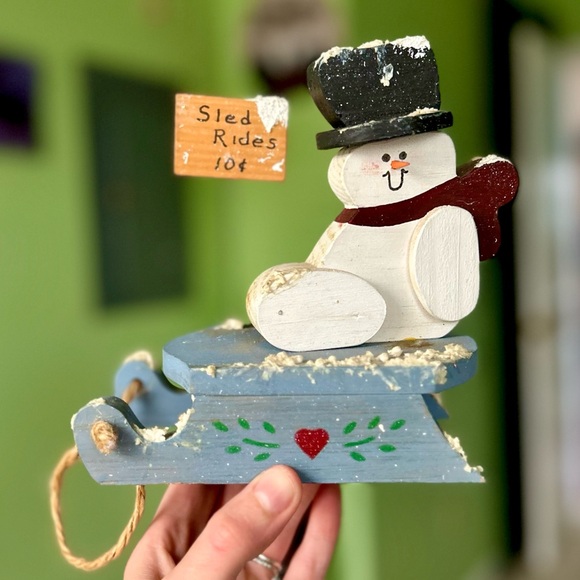 Other - Vintage Farmhouse Cottagecore Winter Snowman Sled Ride Cute Festive Accent Art